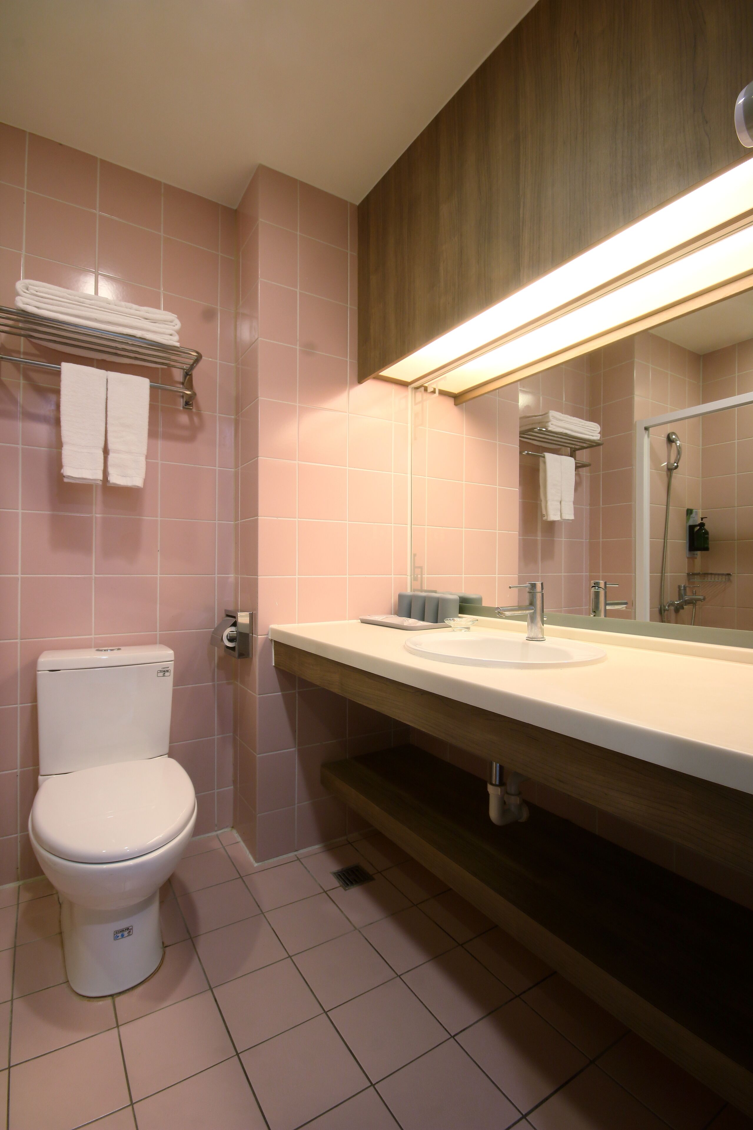 A bathroom with a toilet, sink, and mirror.