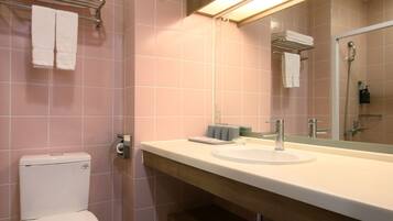 A bathroom with a toilet, sink, and mirror.