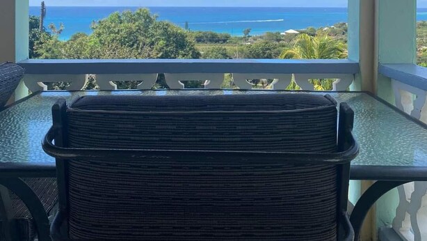 A balcony with a view of the ocean and greenery. - Breathtaking views 5min from the beach! (Old Road Village)