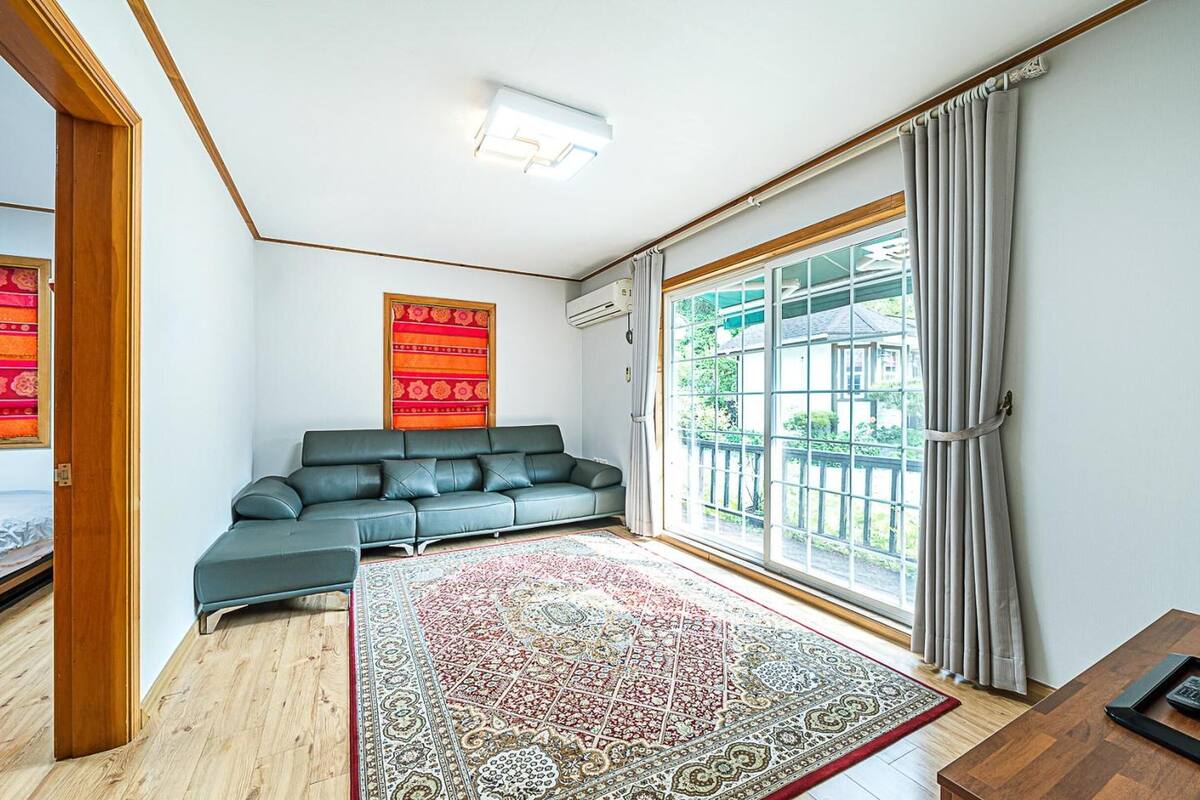 Un salon moderne avec un canapé gris, un tapis à motifs et une grande fenêtre avec des rideaux.