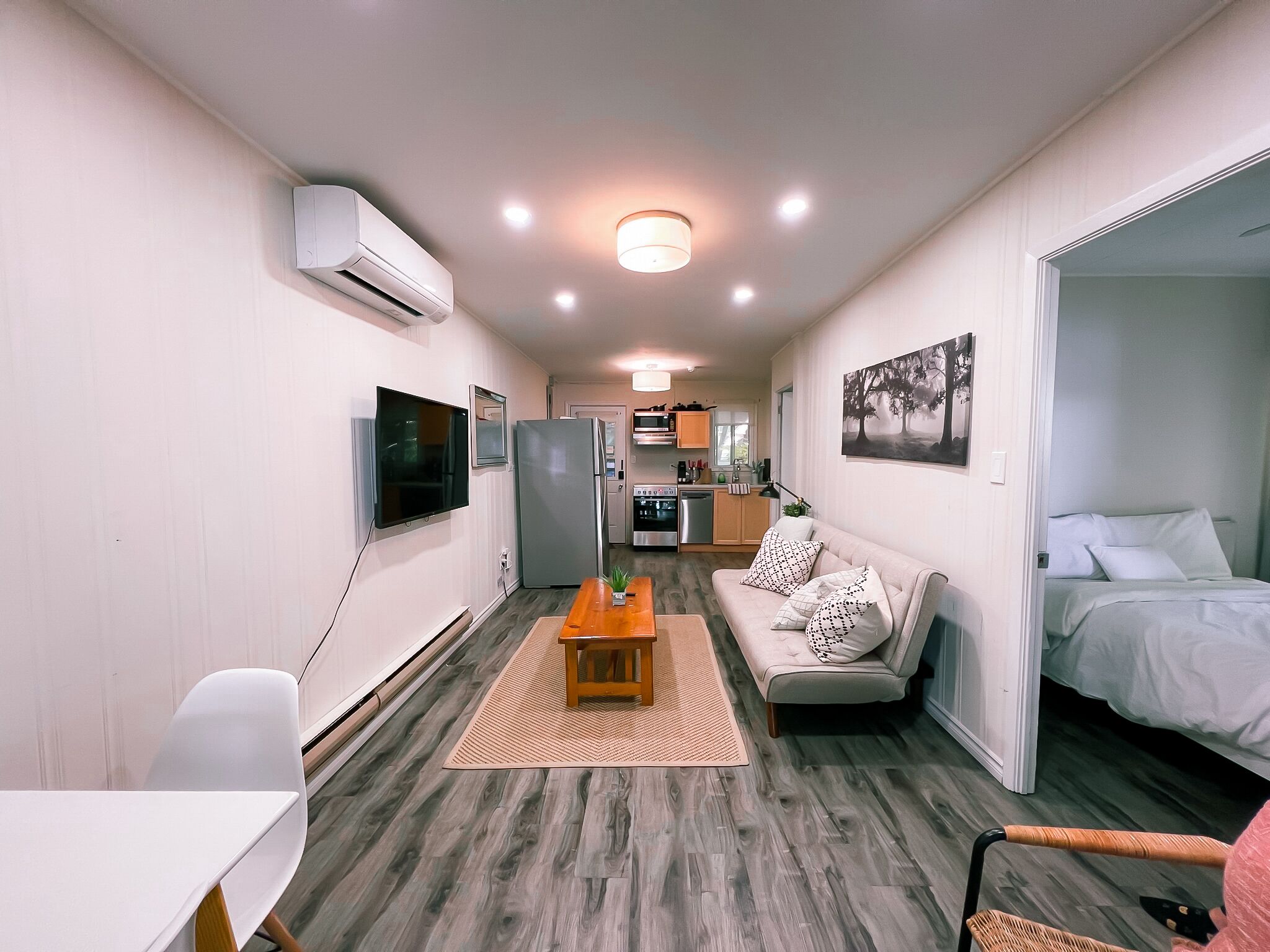 A compact living space with a kitchenette, a sofa, a TV, and a bed.