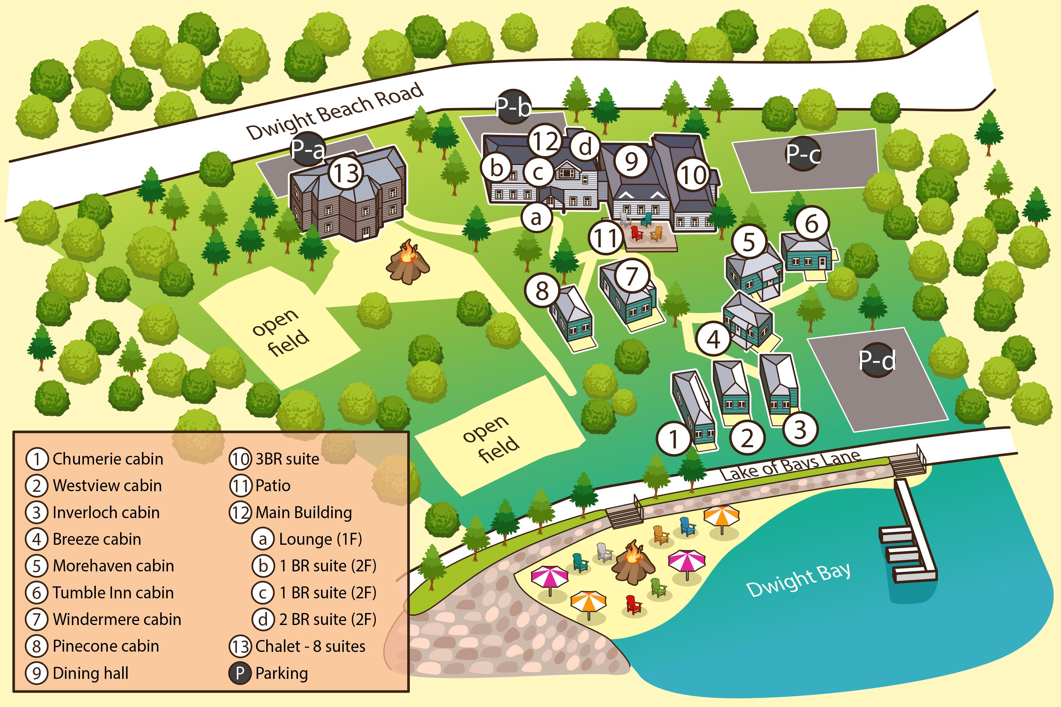 Distribución de un camping con cabañas numeradas, un comedor y un edificio principal con sala de estar y suites.