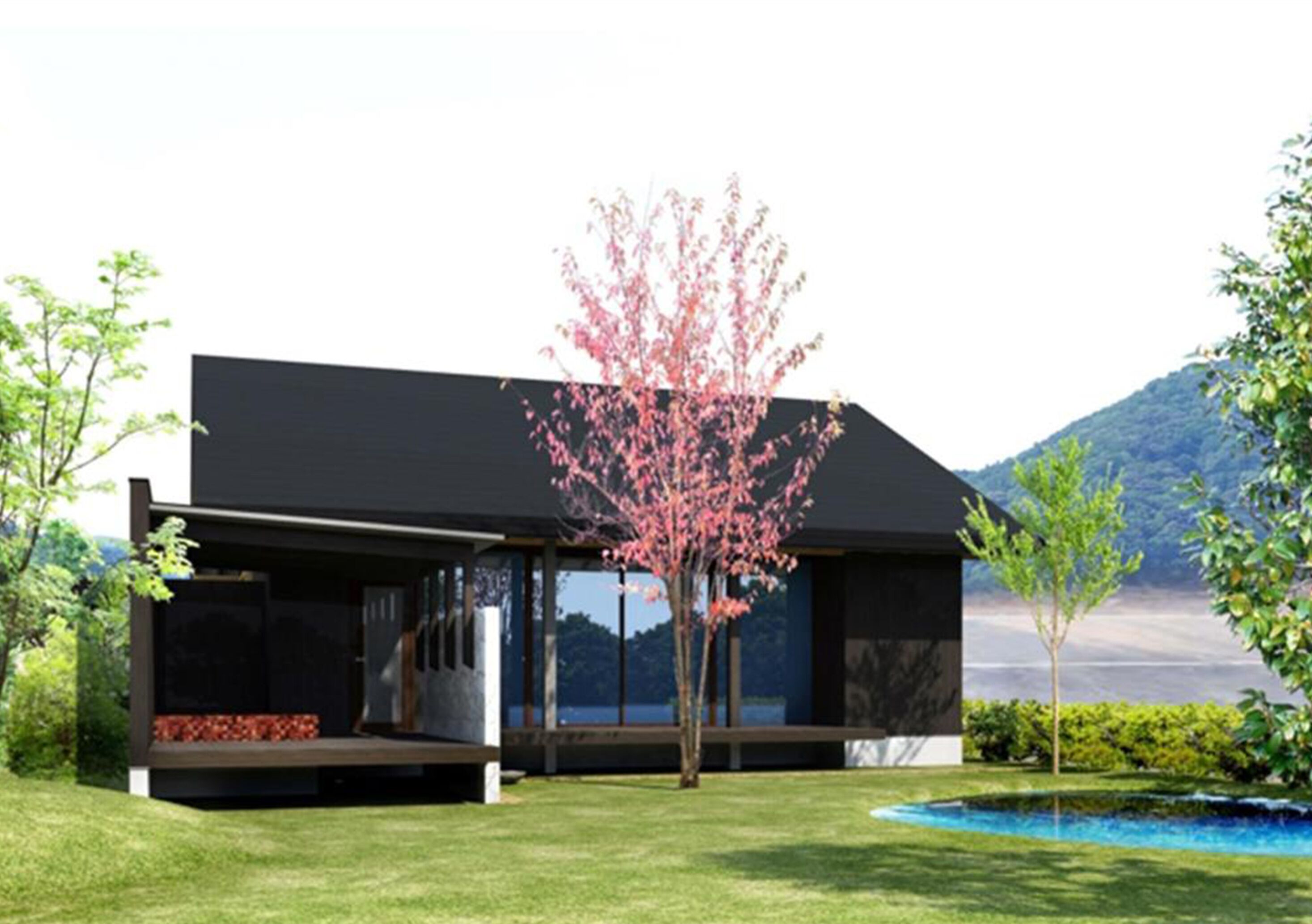 A modern house with a large glass window, a tree in front, and a pool in the background.