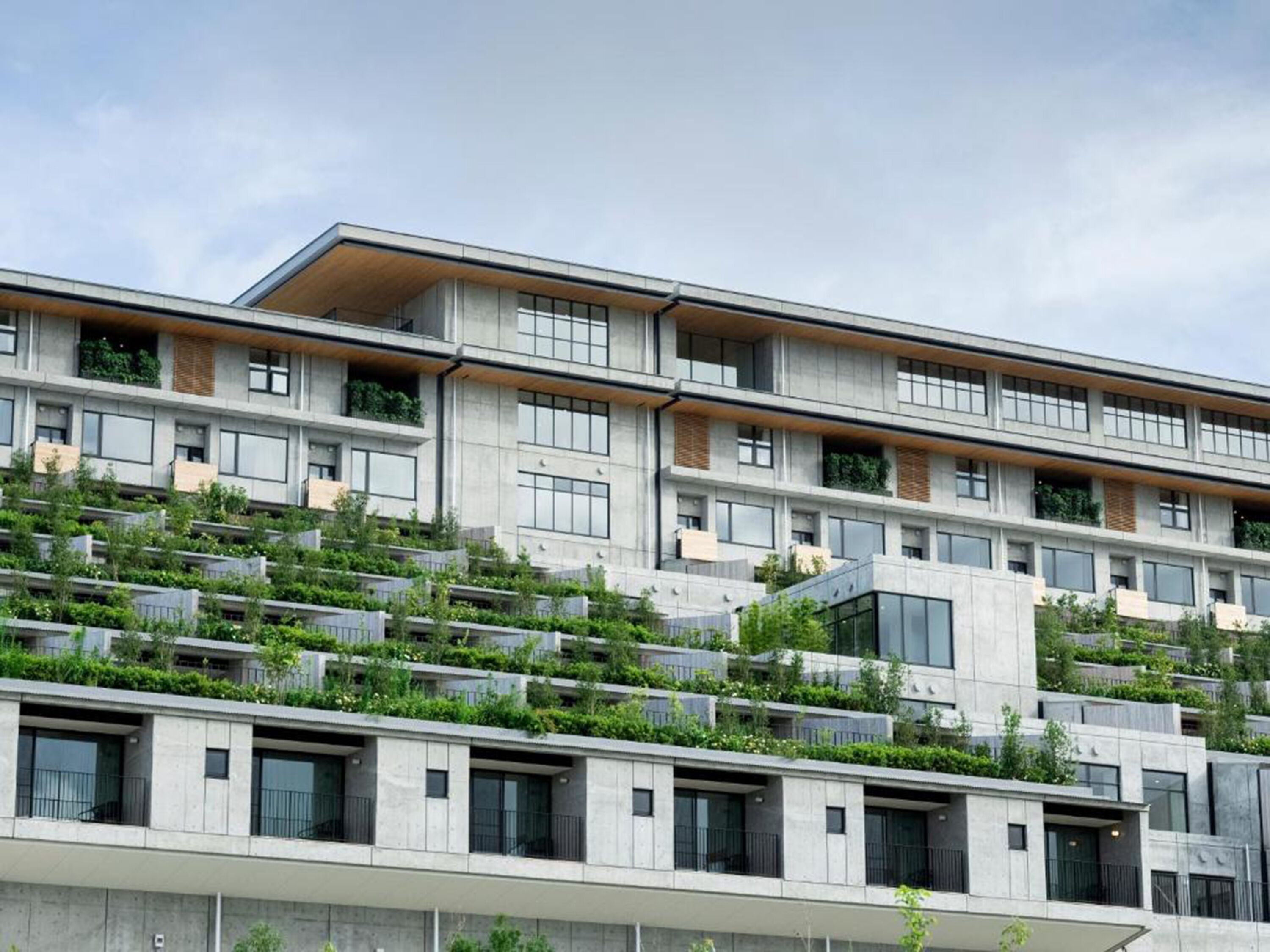 A multi-story building with a modern architectural design, featuring balconies with greenery and large windows.