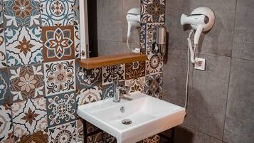 Shower, rainfall showerhead, hair dryer, slippers