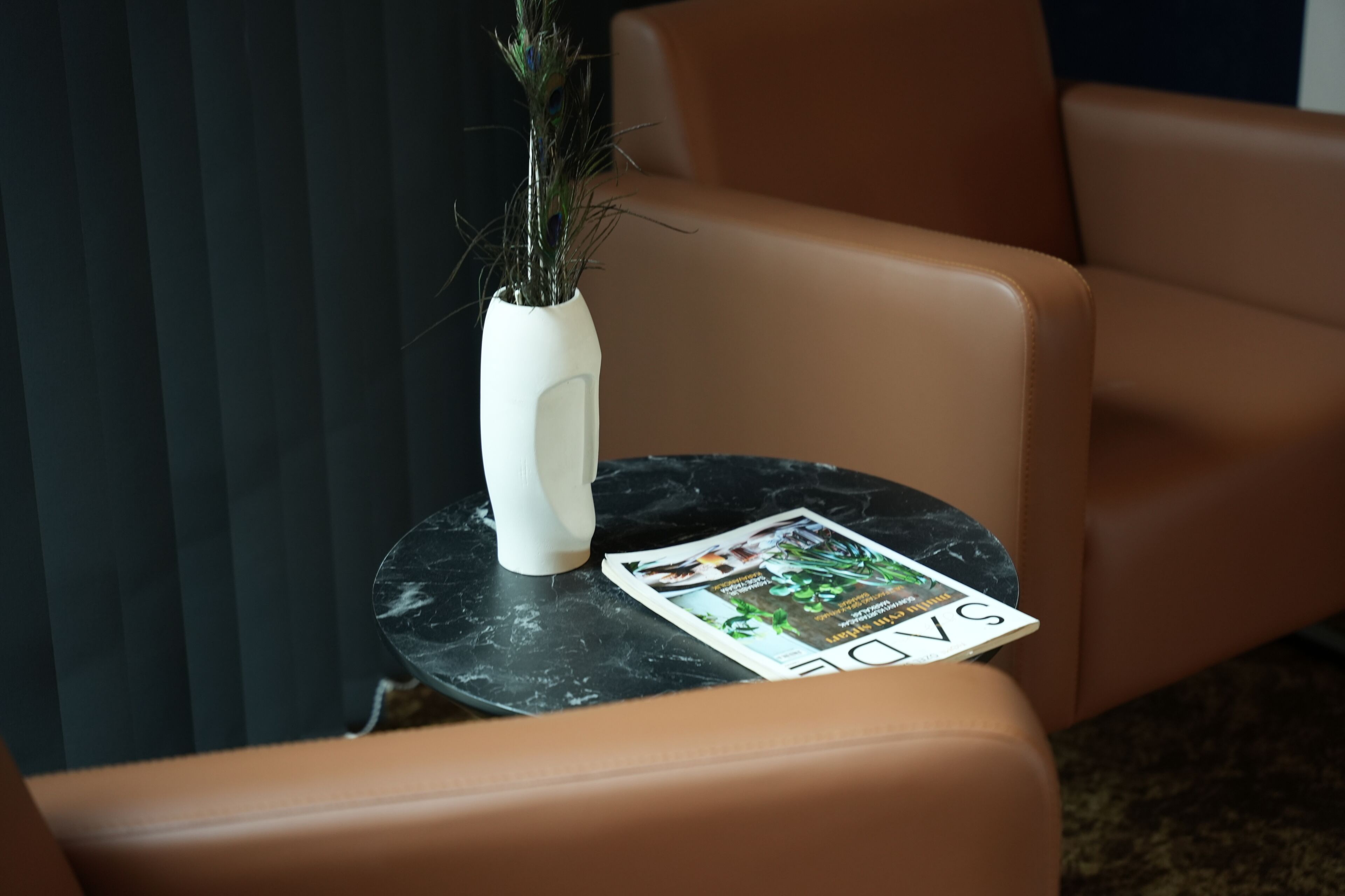 Une pièce avec une table en marbre noir, un vase blanc contenant une plante et un magazine posé sur la table.
