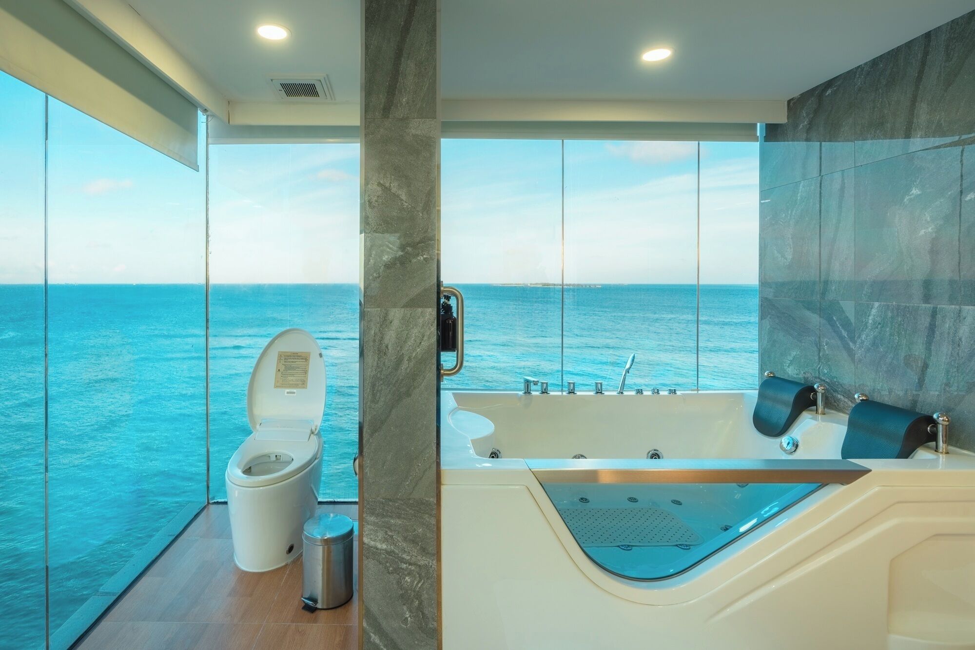 A bathroom with a toilet, a bathtub, and a view of the ocean.