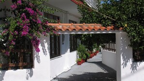 A corridor with white walls, a tiled roof, and potted plants lining the path. - Julieta's House (Alonissos)