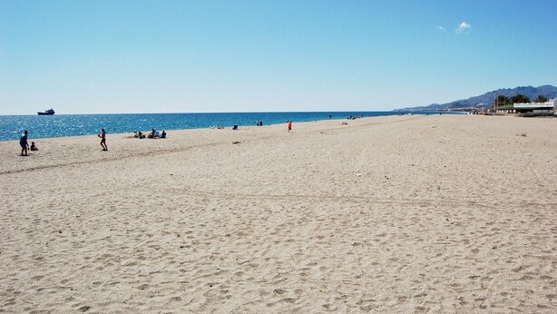 Una extensa playa de arena con cielo azul despejado y mar tranquilo.