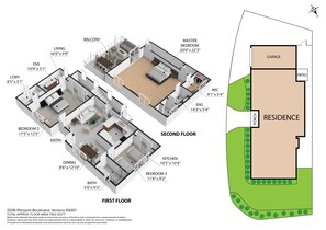 A 2-floor apartment layout with a balcony, living room, master bedroom, kitchen, dining area, and two bedrooms. - Luxury Beach House 99 Steps from Sand, Pet-friendly (Ventura)