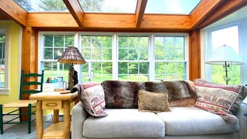 Smart-tv, een open haard, een dvd-speler en een filmbibliotheek