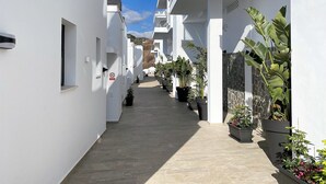 A narrow, sunlit corridor with white walls, potted plants, and a clear blue sky.