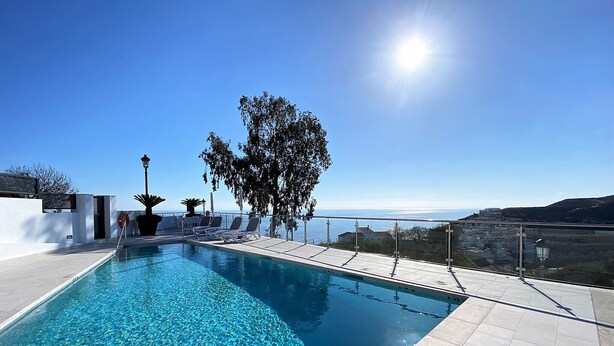 A clear blue sky, a swimming pool with a view of the sea, and a tree.