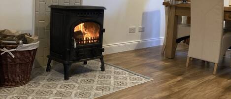 A cozy room with a wood-burning stove, a dining table with chairs, and a patterned rug on the floor.