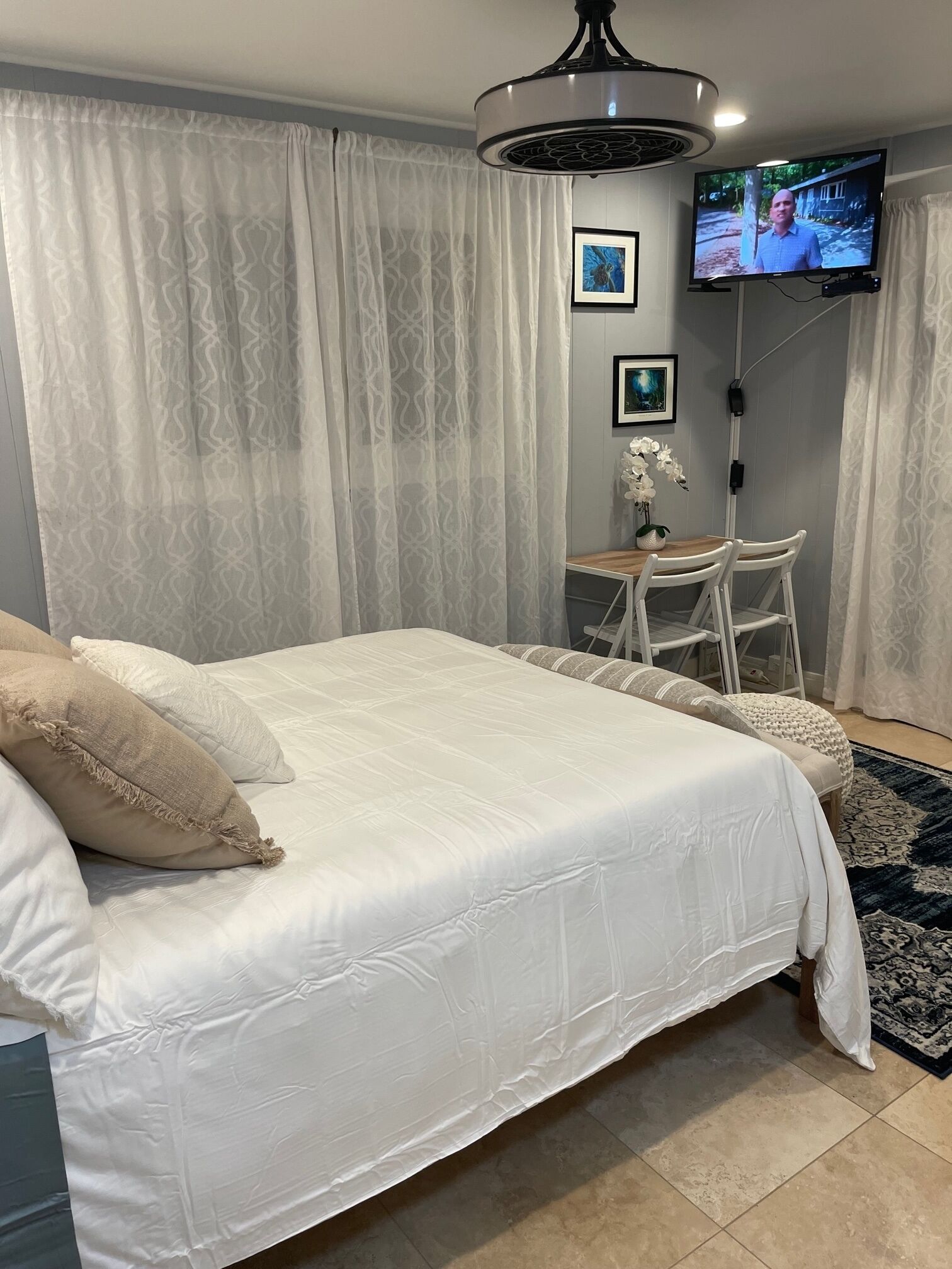 1 bedroom, desk, iron/ironing board, travel crib