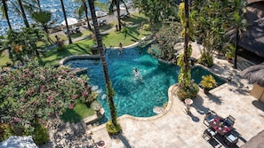 Outdoor pool, pool umbrellas, sun loungers