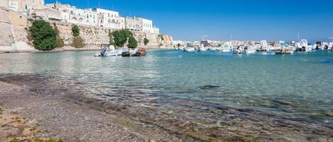 A coastal town with clear waters, boats, and historic buildings.