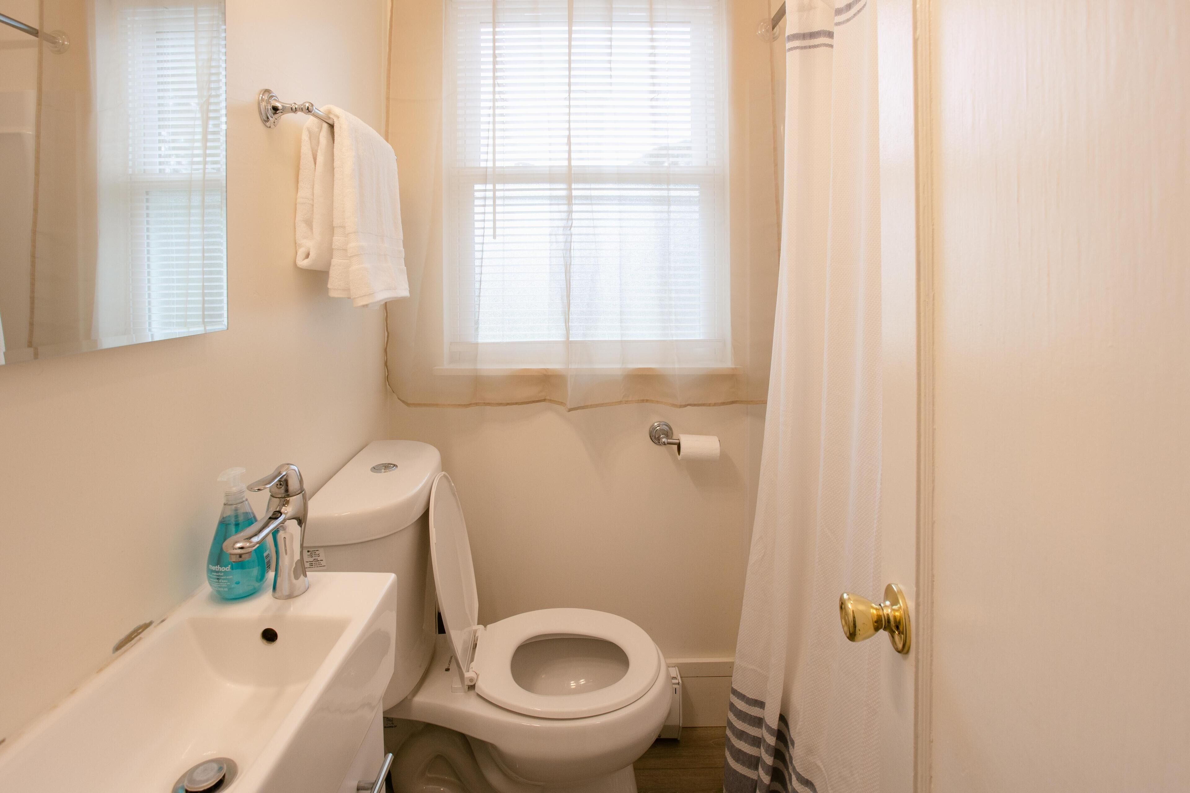 Secador de cabelo, toalhas de banho