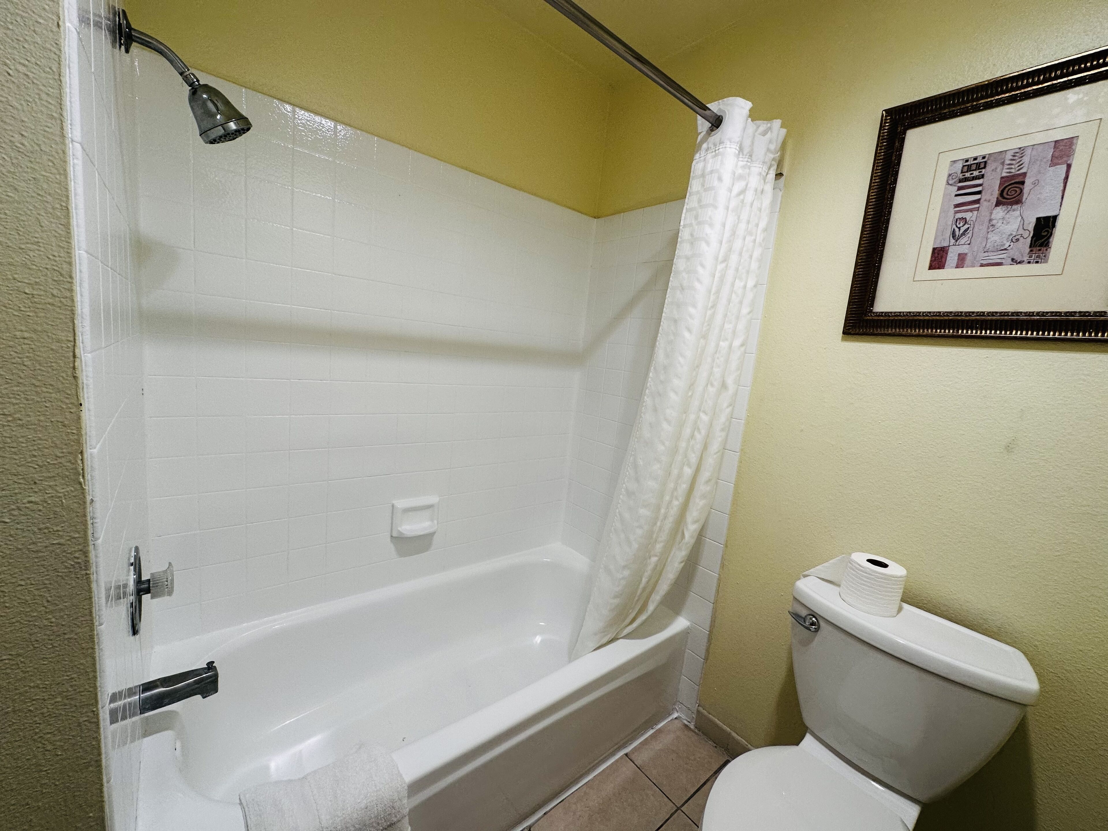 A bathroom with a bathtub, toilet, and a framed picture on the wall.