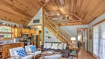 TV, fireplace, DVD player, books
