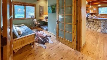 Smart TV, fireplace, video games, DVD player