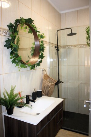 Douche, séchoir à cheveux, serviettes fournies, papier de toilette