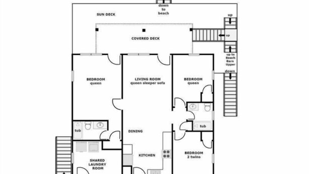 A floor plan of a property at 324 N. Shore Drive, featuring a covered deck, two bedrooms, a living room with a queen-sized sleeper sofa, a dining area, a kitchen, a shared laundry room, and a sun deck. - Beach Barn Lower - Lovely 3BR Lower Unit on the Oceanfront (Surf City)