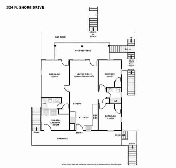 A floor plan of a property at 324 N. Shore Drive, featuring a covered deck, two bedrooms, a living room with a queen-sized sleeper sofa, a dining area, a kitchen, a shared laundry room, and a sun deck. - Beach Barn Lower - Lovely 3BR Lower Unit on the Oceanfront (Surf City)