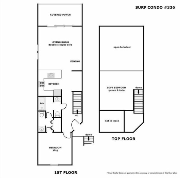A floor plan of a surf condo with a covered porch, living room with double sleeper sofa, dining area, kitchen, and two bedrooms labeled king and queen & twin. - Sun And Surf - Top Floor 2 BR Surf Condo - Community Pool (Surf City)