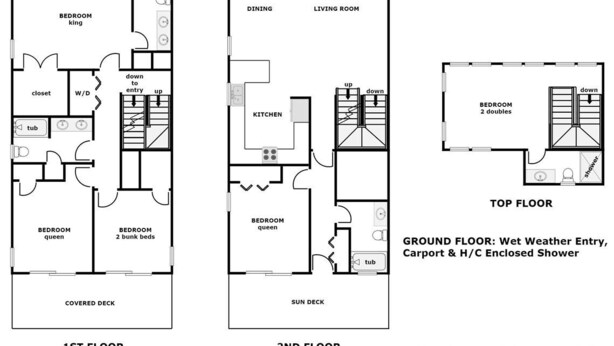 A floor plan of 1814-A S. Shore Drive, including 1st and 2nd floors with amenities like a covered deck, multiple bedrooms, a kitchen, and a dining area. - Borders The Beach  - 5BR Oceanfront Home with Amazing Views! (Surf City)