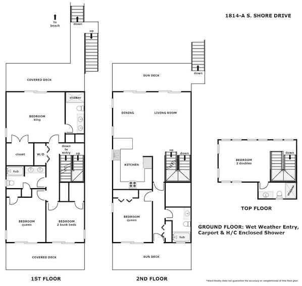 A floor plan of 1814-A S. Shore Drive, including 1st and 2nd floors with amenities like a covered deck, multiple bedrooms, a kitchen, and a dining area. - Borders The Beach  - 5BR Oceanfront Home with Amazing Views! (Surf City)