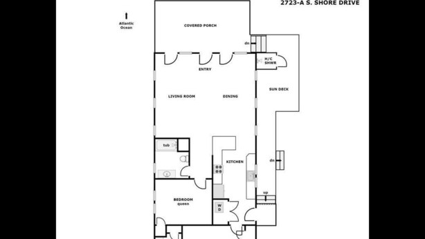 A floor plan of 2723-A S. Shore Drive, including a covered porch, living room, dining, kitchen, two bedrooms, and a sun deck. - Shoreside Cottage - Classic 2 BR Beauty - Amazing Views from Covered Porch! Dog (Surf City)