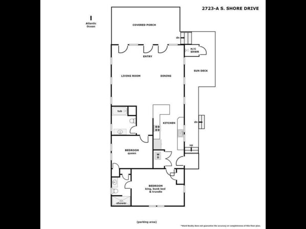 A floor plan of 2723-A S. Shore Drive, including a covered porch, living room, dining, kitchen, two bedrooms, and a sun deck. - Shoreside Cottage - Classic 2 BR Beauty - Amazing Views from Covered Porch! Dog (Surf City)