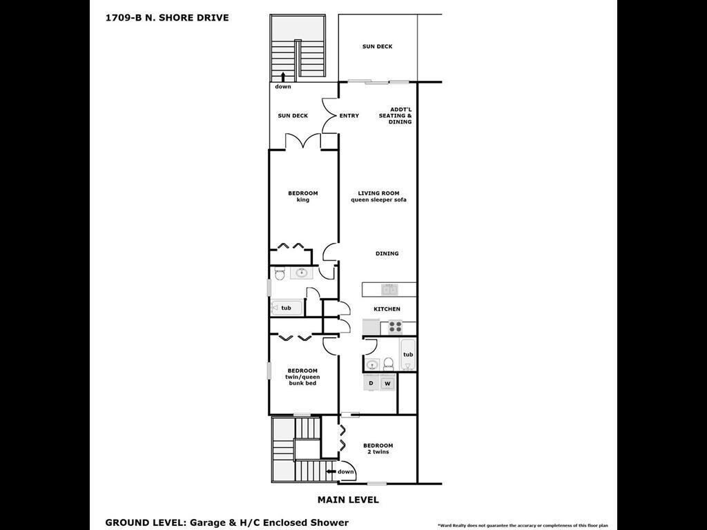 Plan d’étage d’une propriété située au 1709-B, N. Shore Drive, comprenant un rez-de-chaussée avec une terrasse ensoleillée, un hall d’entrée, une salle à manger, un salon, une cuisine et plusieurs chambres.