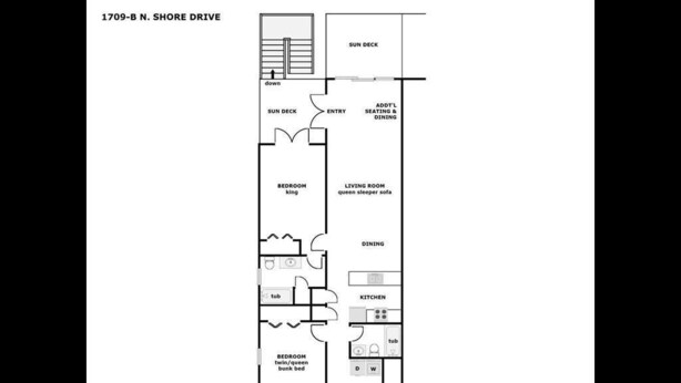 A floor plan of a property at 1709-B N. Shore Drive, including a main level with a sun deck, entry, dining, living room, kitchen, and multiple bedrooms. - Coastin' Along - Cute 3 BR (Half Duplex) with Great Views! Dog Friendly! (Surf City)