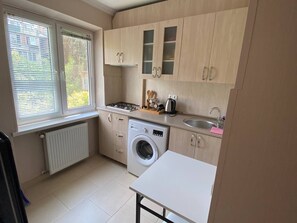 Fridge, stovetop, electric kettle, cookware/dishes/utensils - Cozy Flat in Didube (T'bilisi)