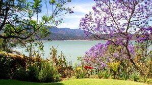 Un jardín ajardinado con diversas plantas y árboles, un espacio cubierto de césped y vistas a un cuerpo de agua y montañas a lo lejos.