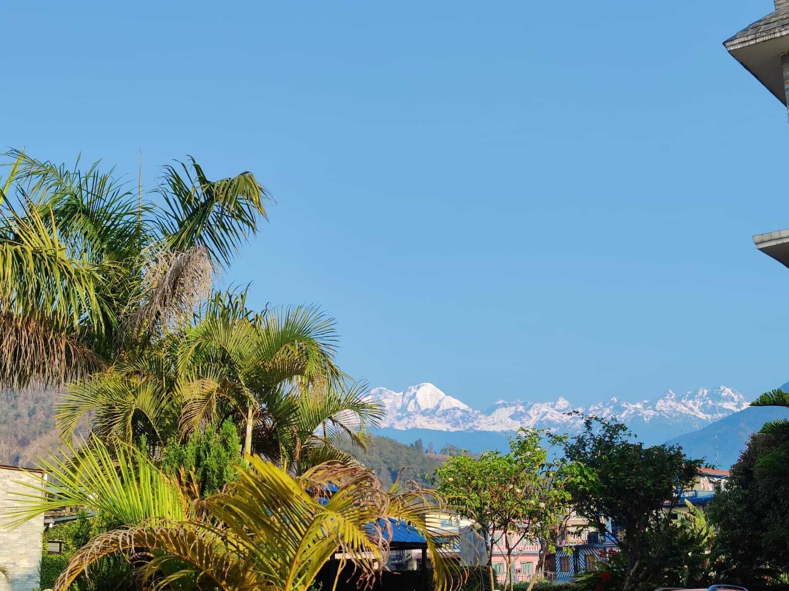 A view of a mountain range with snow-capped peaks in the background, surrounded by lush greenery and residential buildings.