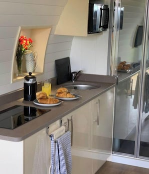 Fridge, microwave, stovetop, electric kettle