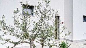 A modern building with a white exterior, a tree with green leaves in the foreground, and a potted plant to the right. - Modern Apartment with balcony and sea view (Milcetici)