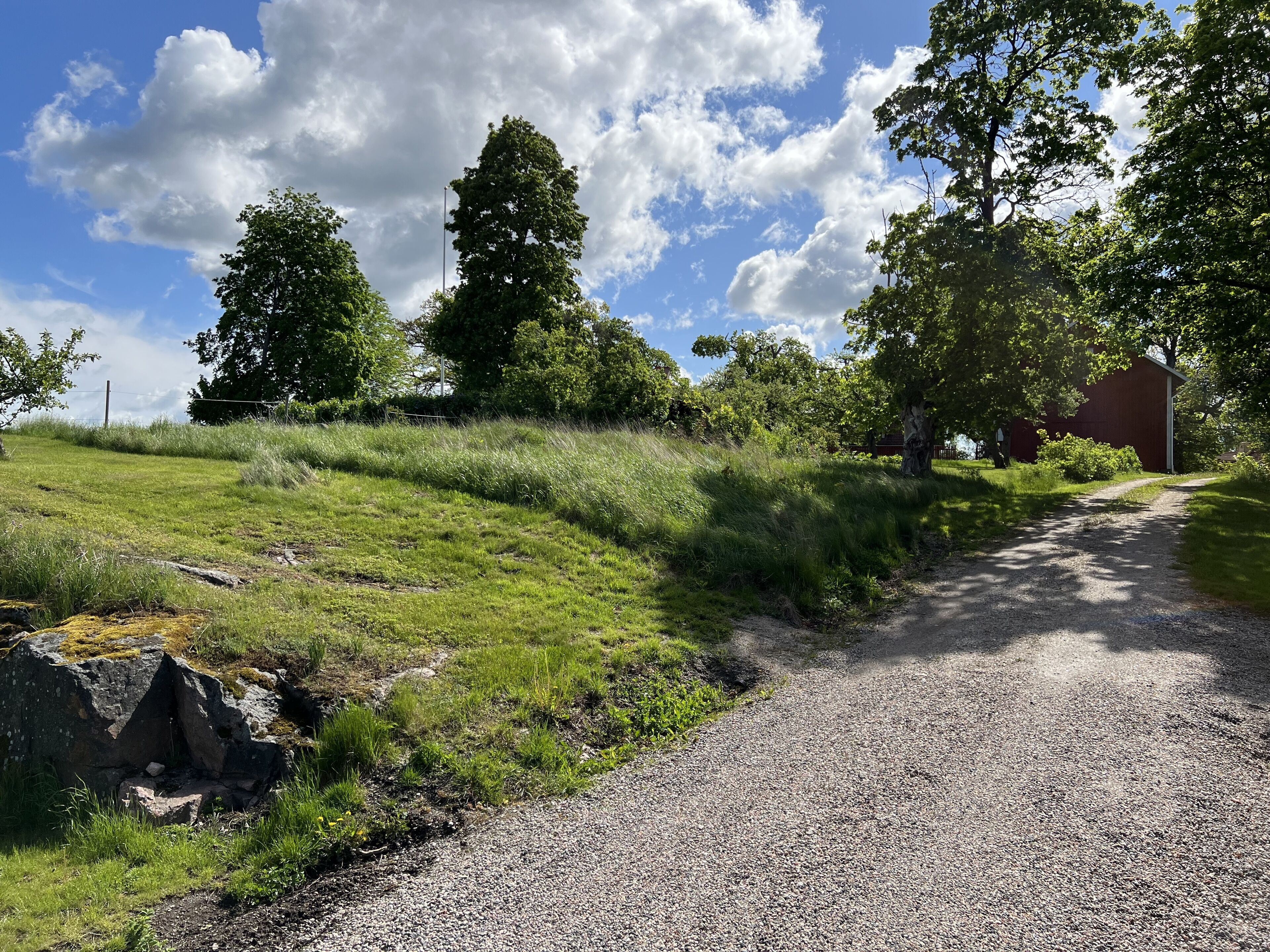 Un chemin de gravier mène à une grange rouge, entourée d’une végétation luxuriante et d’arbres.