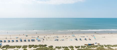 On the beach, sun loungers