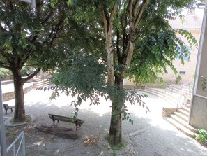 A courtyard with two trees, a bench, and a staircase leading to a building.