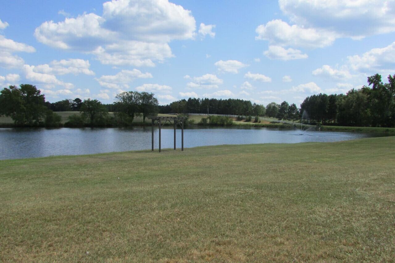 A grassy area with a body of water, trees, and a wooden structure.