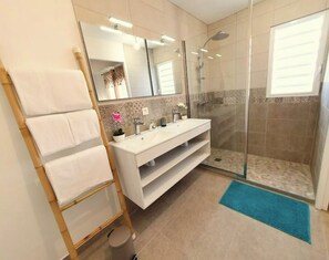 Douche, sèche-cheveux, serviettes fournies, savon