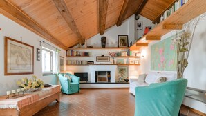 Ein gemütliches Wohnzimmer mit Kamin, Bücherregalen und einem blaugrünen Sofa.