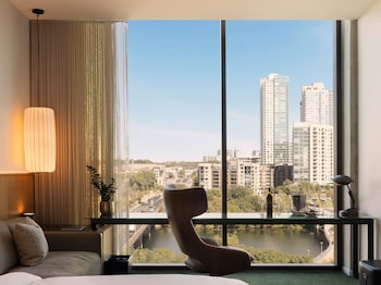 Hotel room view looking out at The Loren Hotel Austin