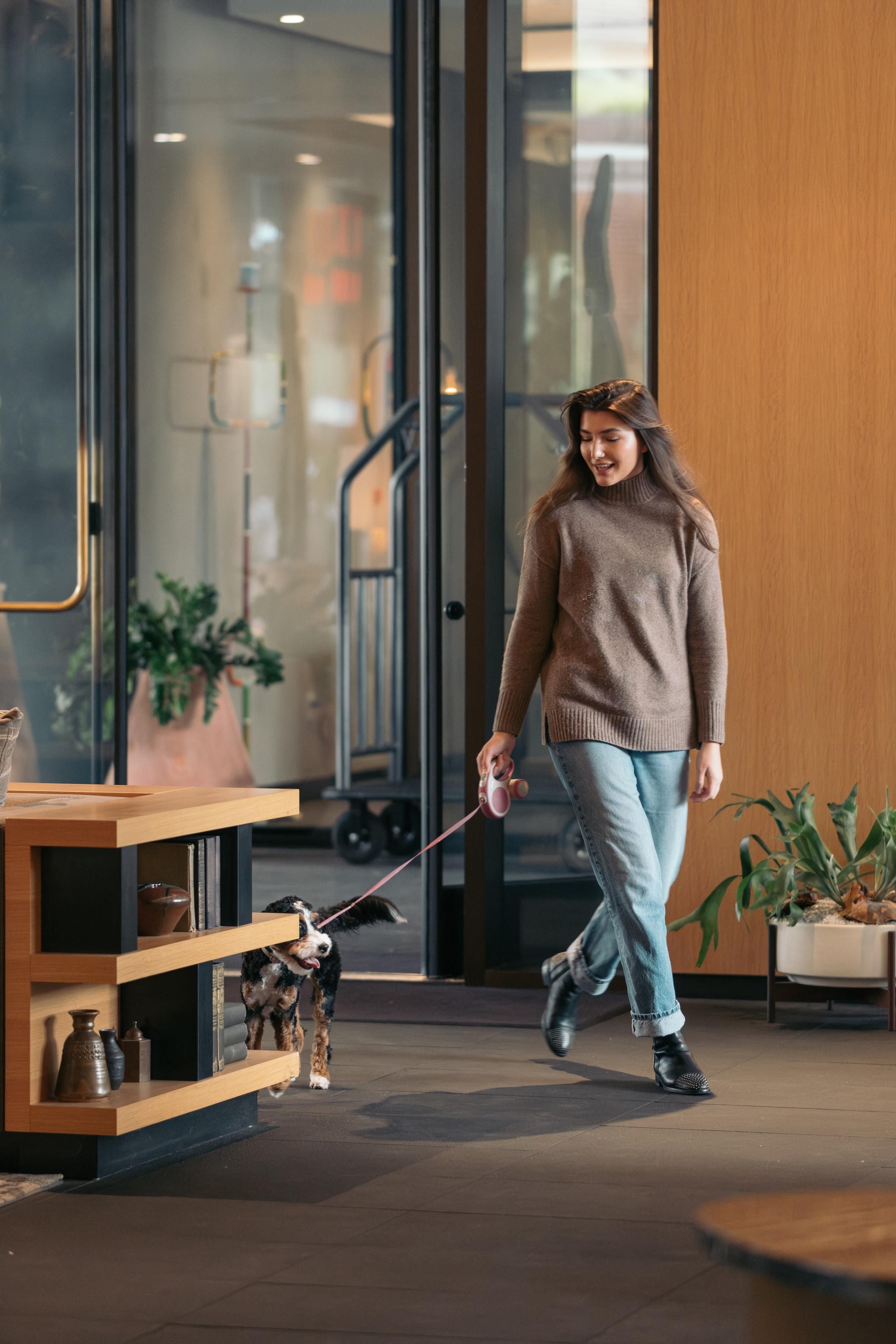 A person walking a dog inside a building with a wooden counter and potted plants.