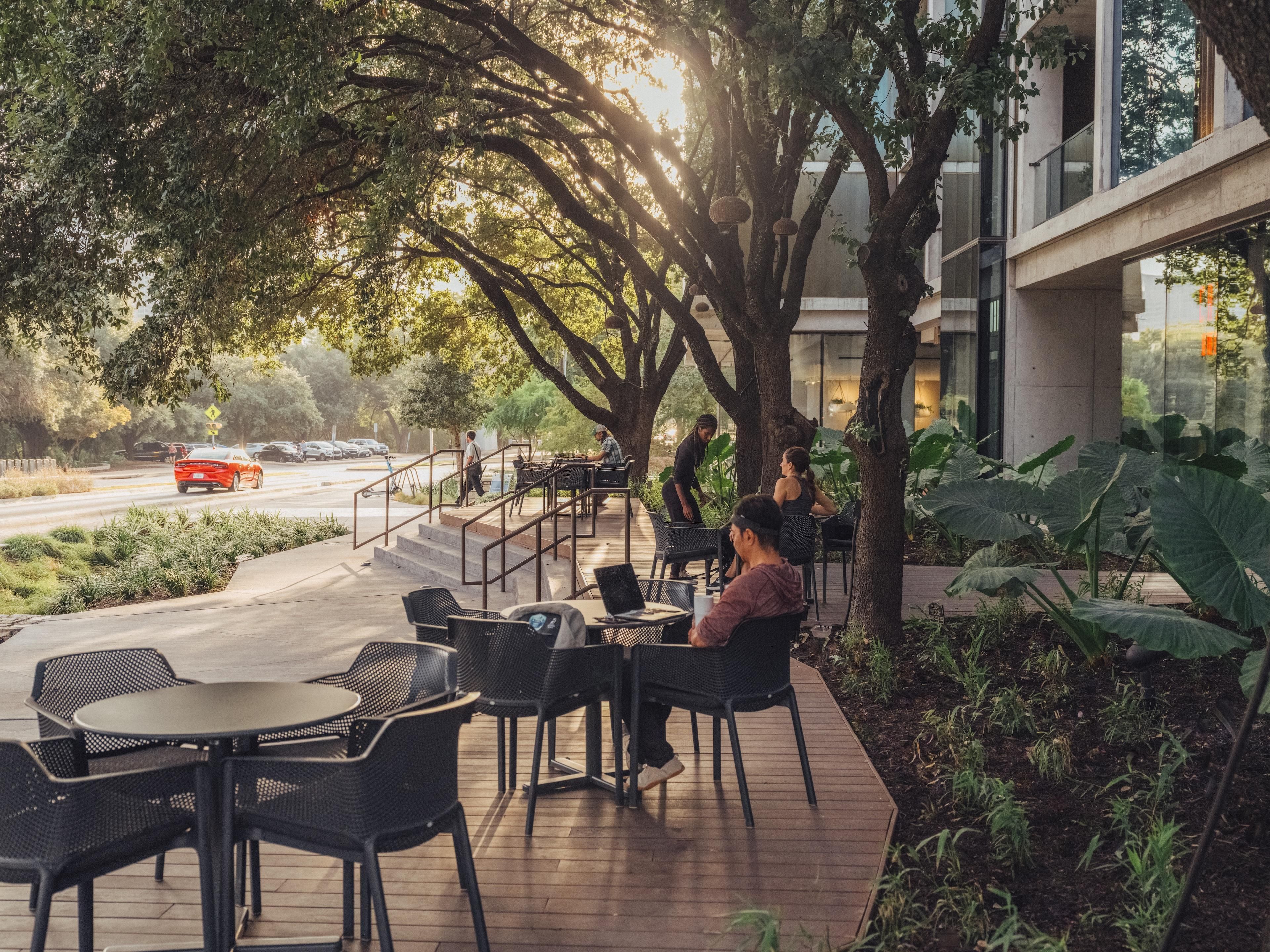 Un café en plein air avec des tables et des chaises, entouré de grands arbres et avec un bâtiment en arrière-plan.