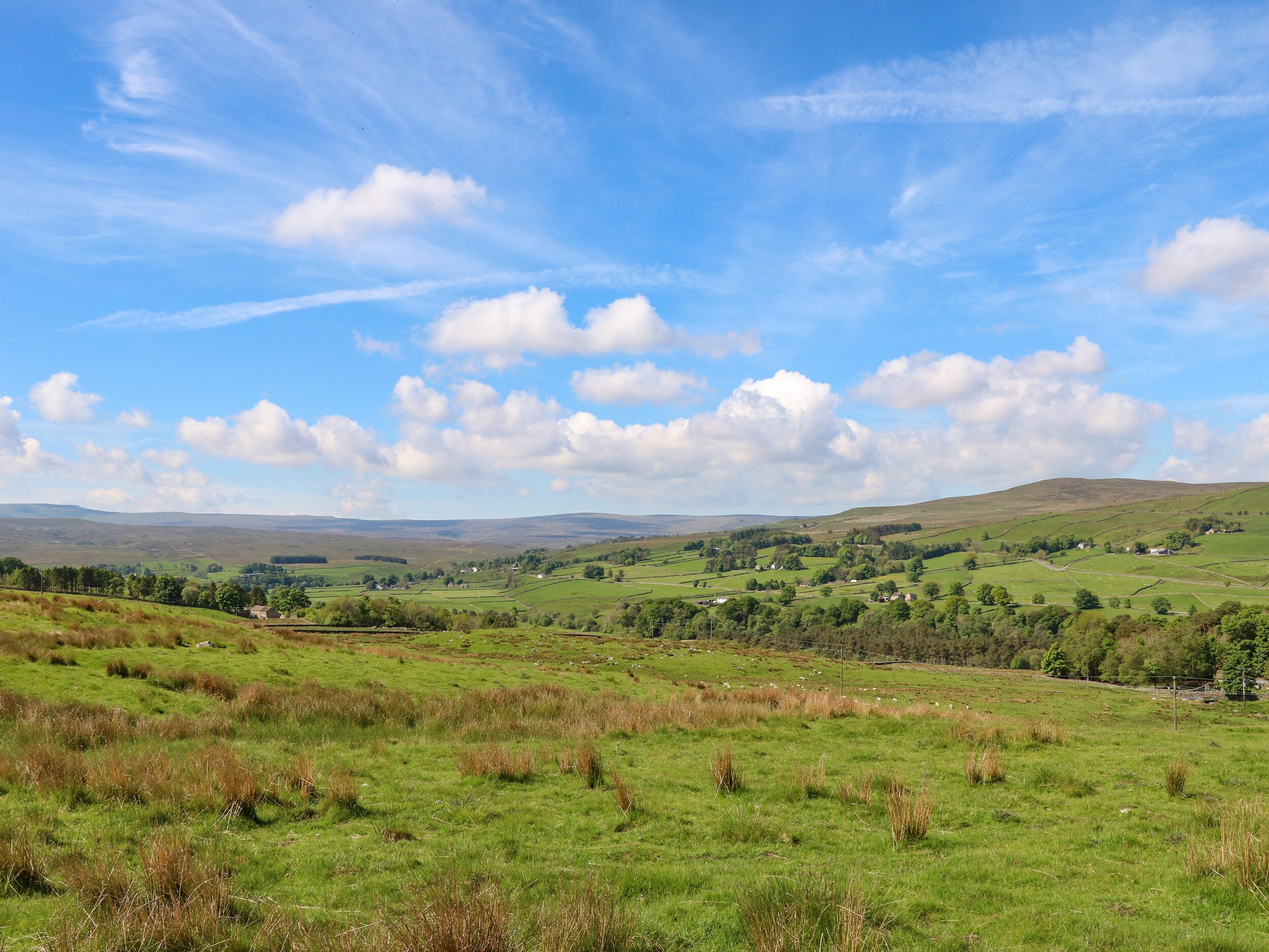 A rural landscape with rolling hills, green fields, and scattered houses.